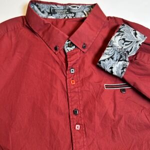 Coofandy Mens Button Down Shirt XXL Long Sleeve Red Paisley Trim Details *Flaw